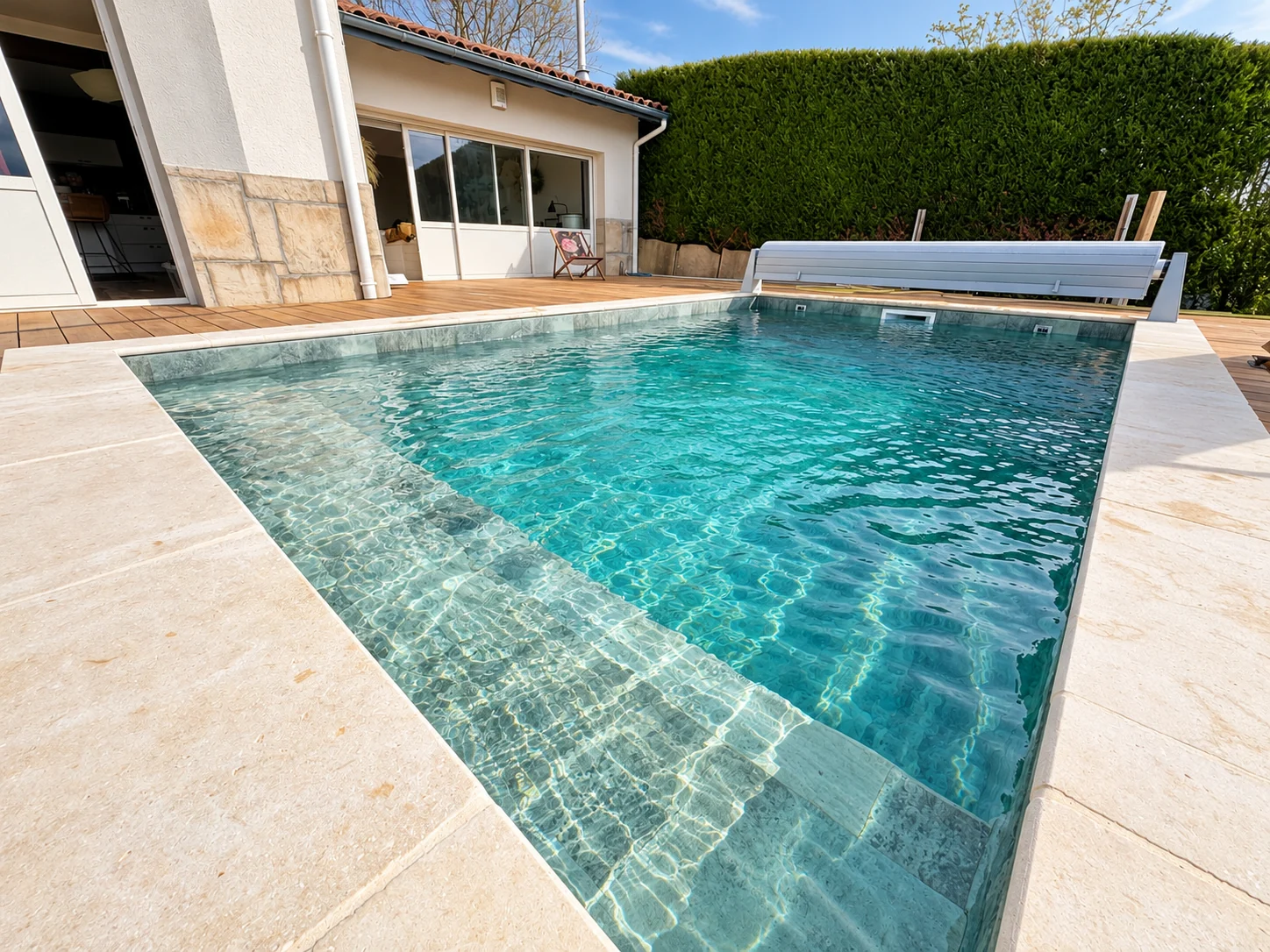 Piscine rectangulaire avec marches immergées, margelles claires et volet enroulé
